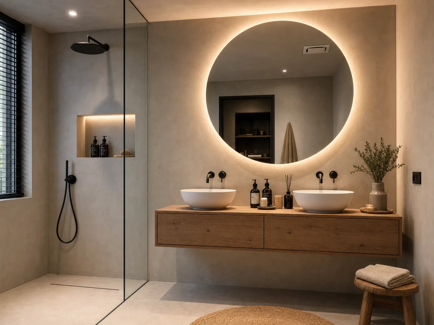 Baño moderno con microcemento, iluminación cálida y doble lavabo
